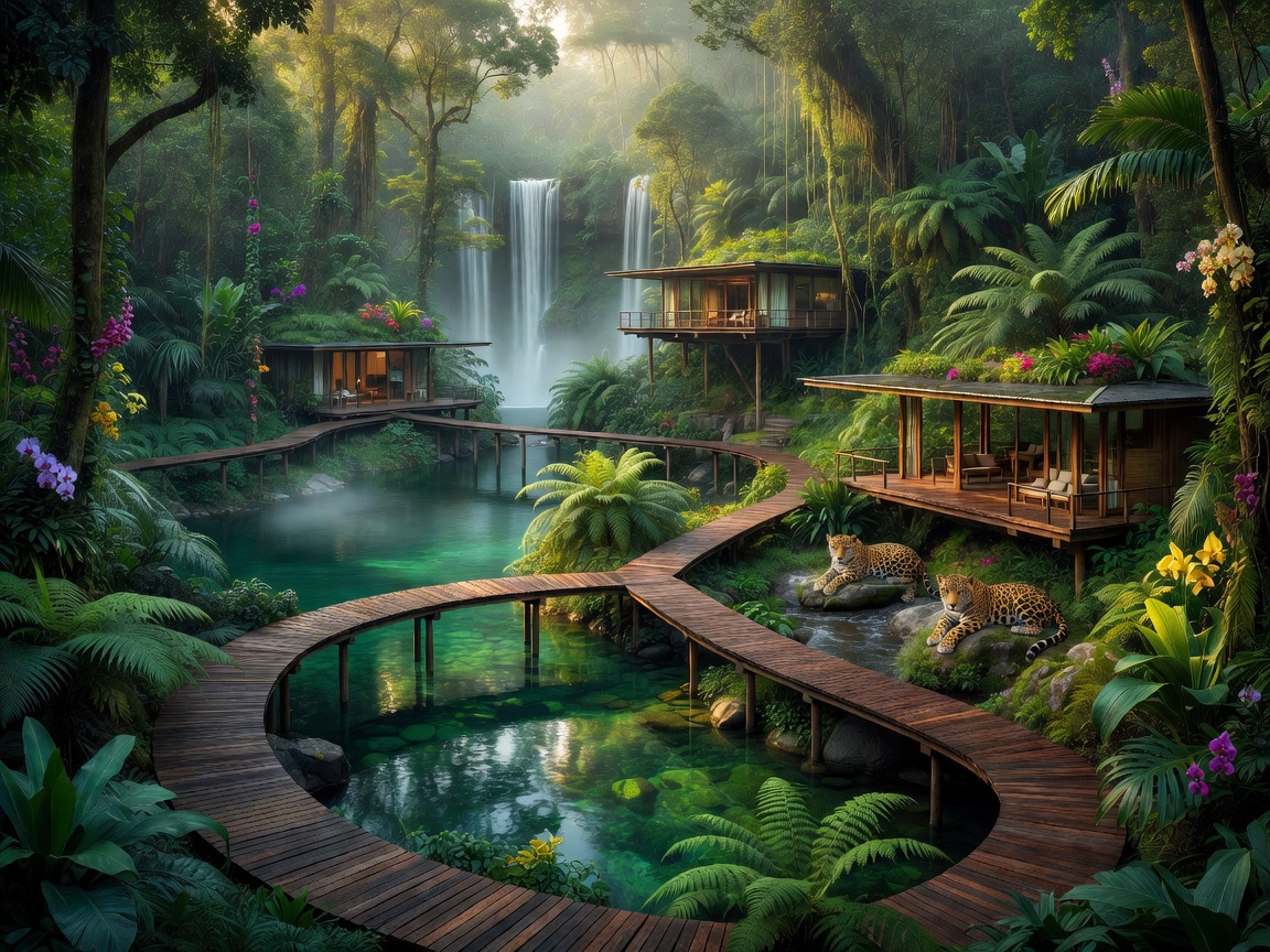 A breathtaking luxury rainforest sanctuary featuring elevated wooden walkways, emerald lagoons, dense tropical vegetation, misty waterfalls, elegant eco lodges, and a peaceful protected jaguar habitat in premium concept art.