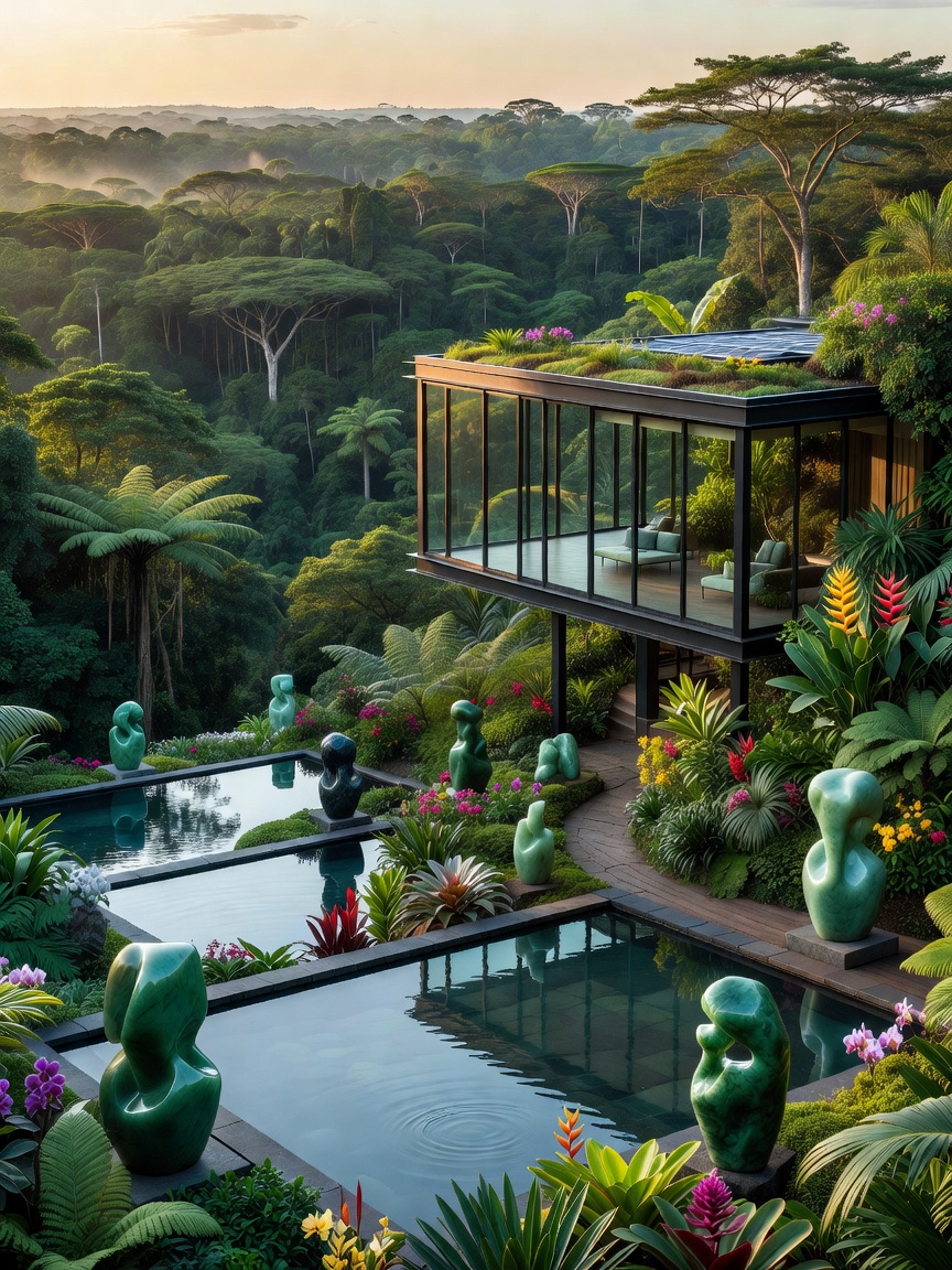 A modern glass eco pavilion overlooking lush rainforest canopies with jade sculptures, tranquil pools, contemporary architecture, tropical gardens, and warm sunrise lighting.