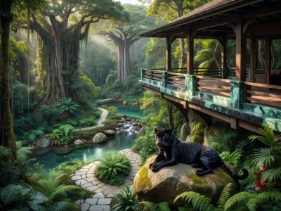 A sophisticated jungle observation deck with panoramic views of ancient trees, crystal rivers, stone pathways, lush greenery, subtle jade accents, and an elegant black jaguar resting naturally in the landscape.
